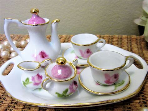Tea Set Miniature Mini Doll Porcelain China Pink Rose Ceramic Hand