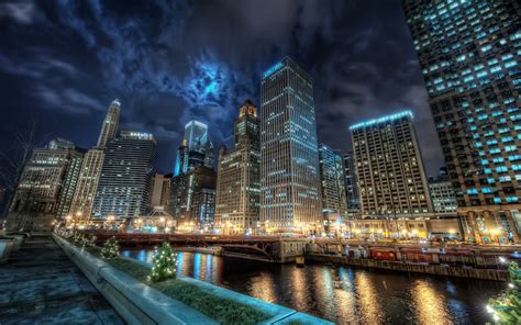 2560x1600 Chicago City Night Lights Hdr Building River Clouds