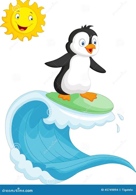 Happy Penguin Cartoon Surfing Stock Vector Illustration Of Surfboard