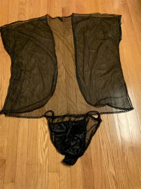 Vtg Silky Shiny Satin String Bikini Panties And Sheer Cover Up Plus Sz