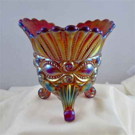 Robert Hansen Red Eyewinker Carnival Glass Tri Corner Flared Vase Carnival Glass