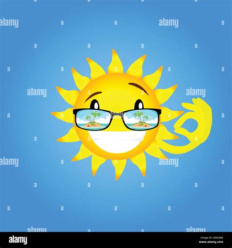Sun Cartoon Character Wear Glasses With Tropical Island View Okay