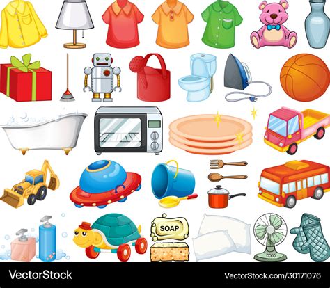 Large Set Household Items And Toys On White Vector Image