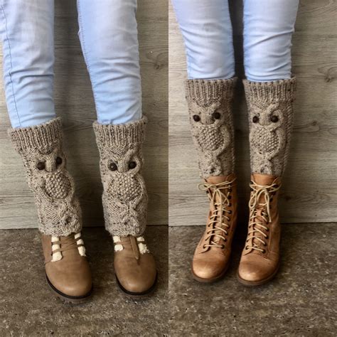Beige Knitted Leg Warmers With An Owl Pattern Polainas De Lana Guantes Tejidos Calcetines De