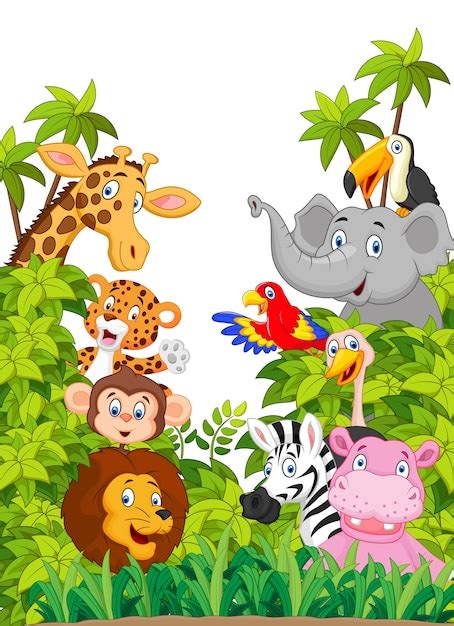 Colección De Dibujos Animados De Animales Felices En La Selva Vector