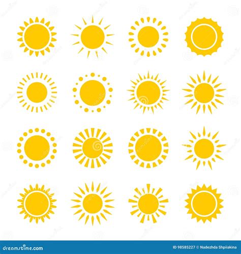 Set Of Vector Icons Of Yellow Sun Circles With Rays Made In Simple