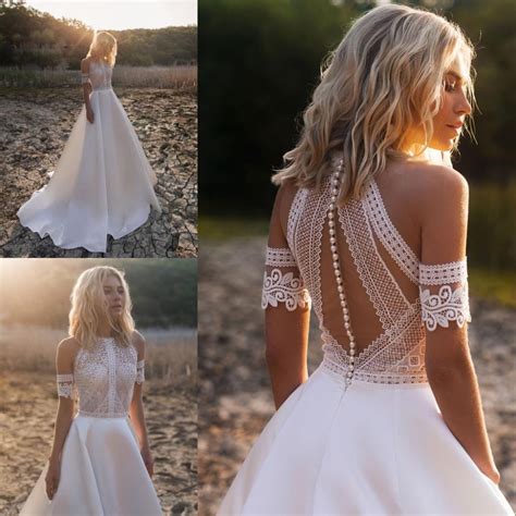 Bohemian Jewel Lace Satin Bridal Gowns With Button Back For Beach A