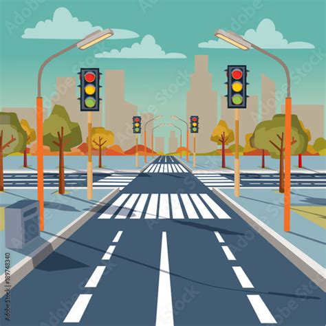 Vector Illustration Of City Crossroad With Traffic Lights Road