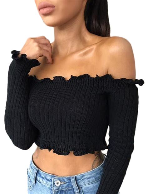 Oqc Womens Sexy Off Shoulder Strapless Long Sleeve Crop Top Tube Rib