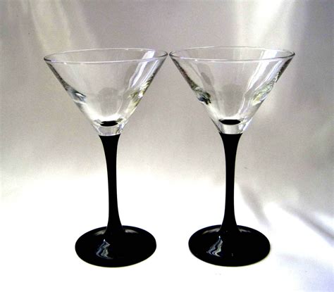 2 Martini Glasses Luminarc France Black Martini Glass Stems Vintage Barware Cocktail Glasses