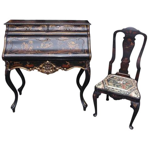 English Chinoiserie Black Lacquered And Gilt Desk With Side Chair
