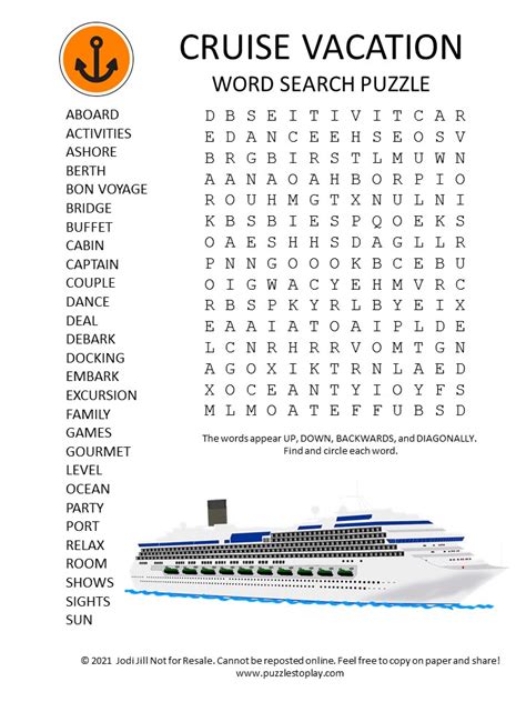 Cruise Vacation Word Search Puzzle Puzzles To Play