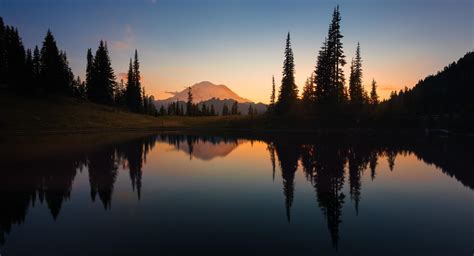 Calm Quiet Sunset Over Mount Rainier In Mount Rainier National Park