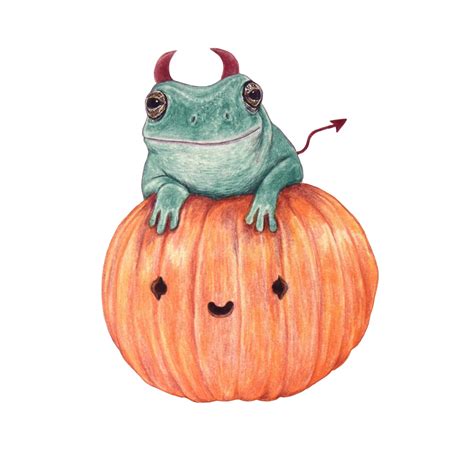 Pumpkin Halloween Frog Print Handmade Drawing Print A5 Home Decor