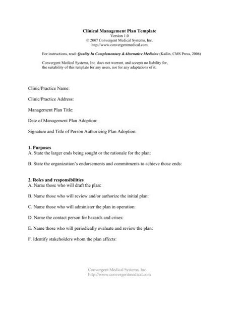 Clinical Management Plan Template Clinicpractice Name Clinic
