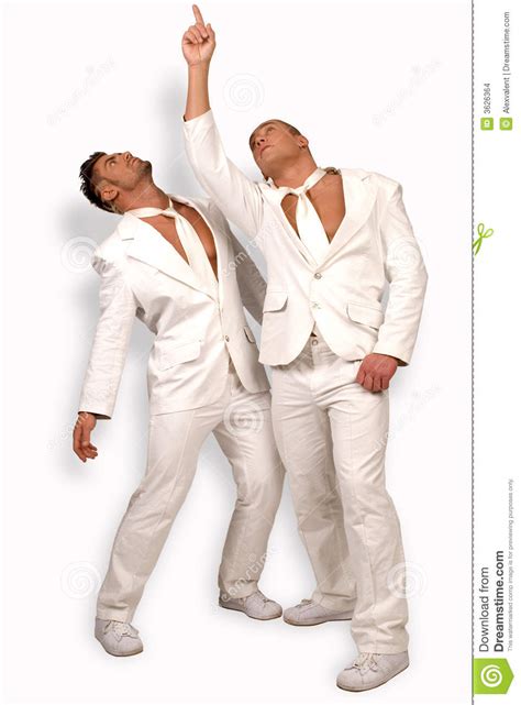 Two Men In White Suits Pointing Up Stock Photo Image Of Gesture Hand