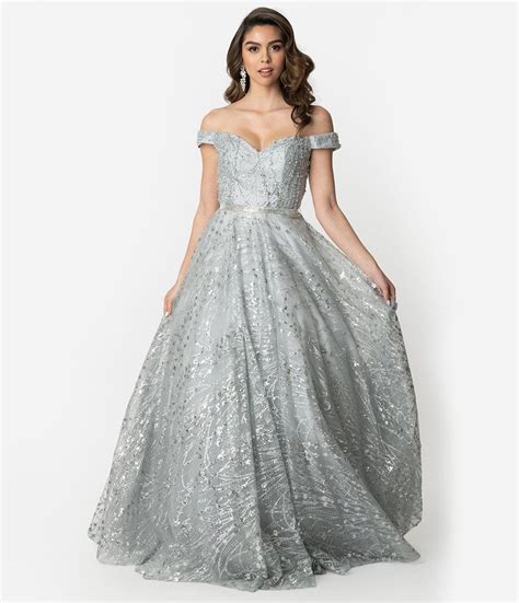 Silver Sparkle Embellished Off The Shoulder Ball Gown Ball Gowns