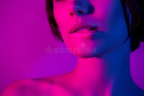 Cropped Photo Calm Girl With Naked Shoulders Biting Lips Seductive Isolated Neon Color