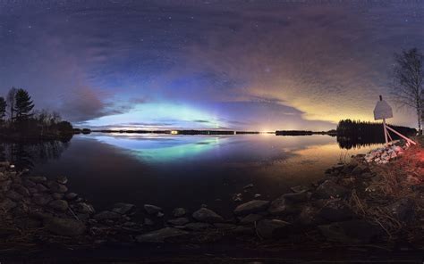 Aurora Borealis Northern Lights Lake Reflection Stars Night Rocks