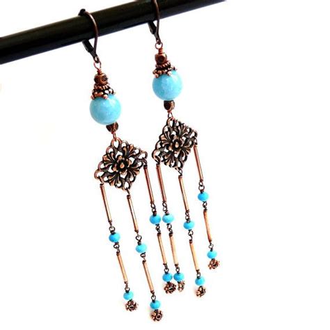 Turquoise And Agate Copper Long Earrings Genuine Gemstones Etsy
