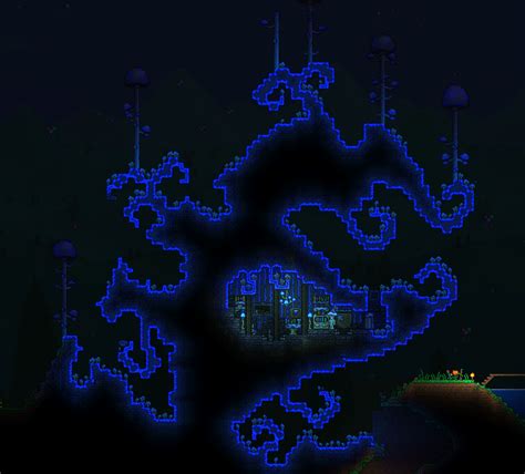 To grow glowing mushroom foliage you need to plant mushroom seeds which you can get here and there when chopping down mushrooms in any mushroom biome that already exists. I transformed a hill into an infested-looking surface glowing mushroom biome : Terraria
