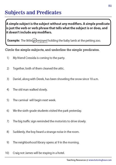 Simple Subjects And Simple Predicates Worksheets