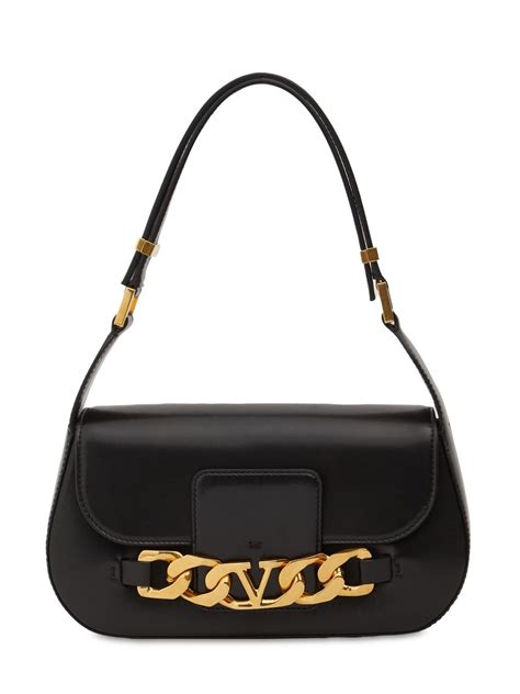 Valentino Garavani V Logo Chain Leather Shoulder Bag In Black Modesens