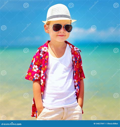 Cute Fashionable Boy Walking On Summer Beach Stock Image Image Of