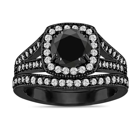 Black Diamond Engagement Ring Set Vintage Wedding Rings Sets 14k
