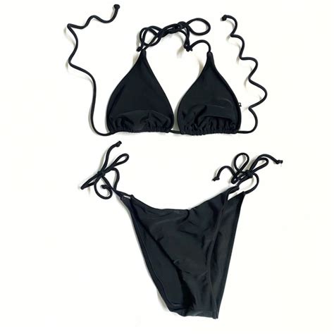 Gigi C Swim Gigi C Josie Kira Black Triangle String Halter Side Tie Bikini Swimsuit Set