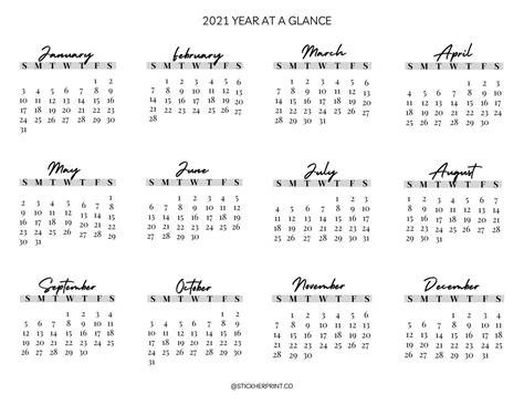 2021 2022 Year At A Glance Yearly Calendar Printable Pdf Etsy