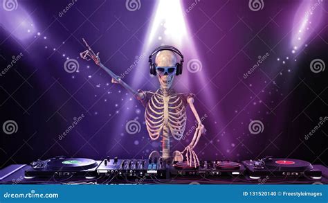 Dj Bones Human Skeleton Playing Music On Turntables Skeleton With Disc Jockey Sound Equipment