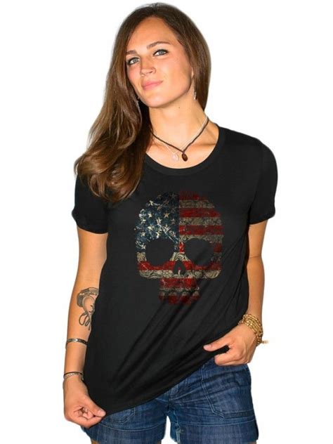 Fifty5 Clothing Womens Vintage American Flag Floral Skull Loose Fit