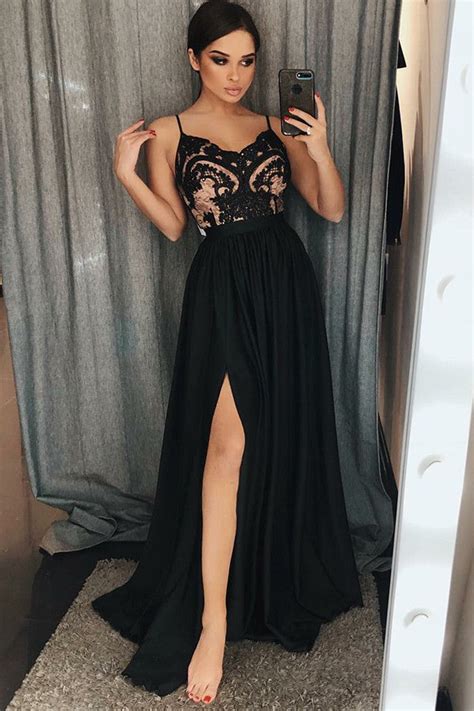 Unique A Line Spaghetti Straps Black Split Long Prom Dress With Lace Okdresses