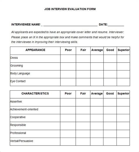 Job Interview Rating Sheet Template