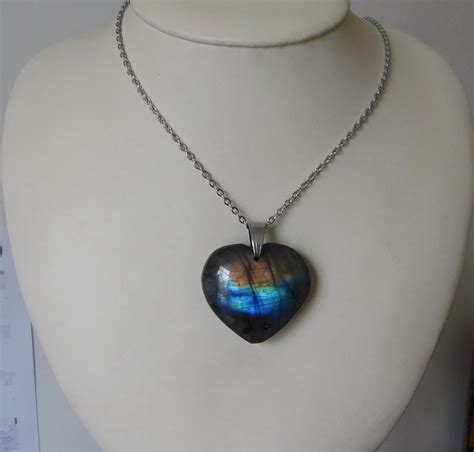 Labradorite Heart Pendant On Stainless Steel Lace Etsy
