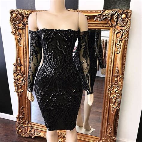 Peorchid Black Sequin Short Cocktail Dresses Long Sleeves Strapless