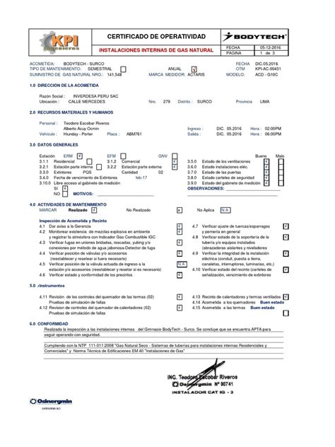 Certificado De Operatividad De Instalaciones Internas De Bodytech Surco