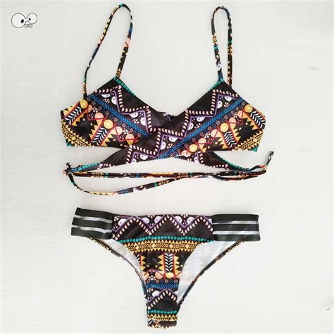 New Swimwear 2018 Women Swimsuit Ethnic Printed Strappy Bikini Set