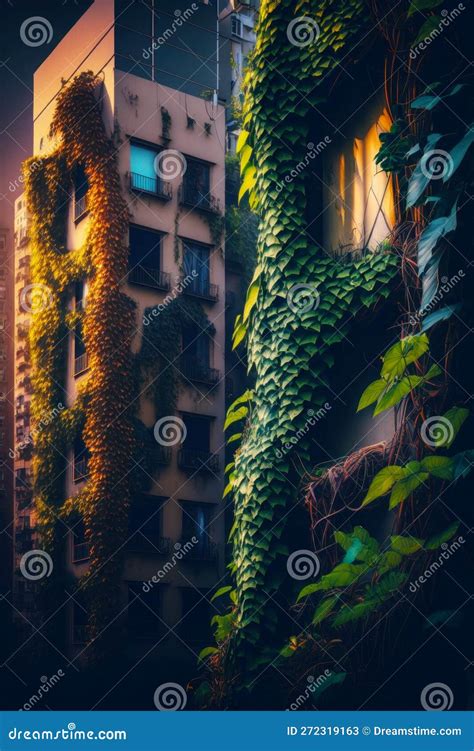 Tall Building Covered In Green Vines Next To Tall Building With Lots Of