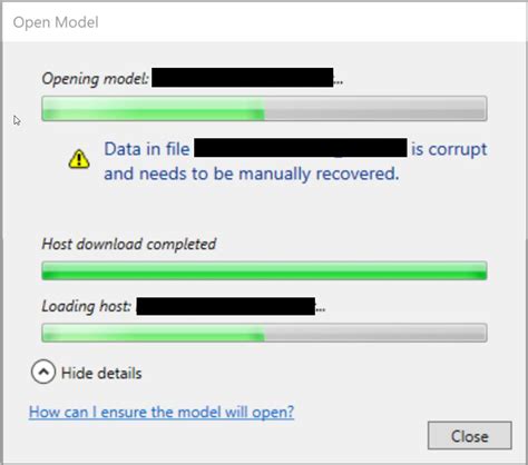 Data In File [name] Is Corrupt And Needs To Be Manually Recovered When Opening Cloud Model In