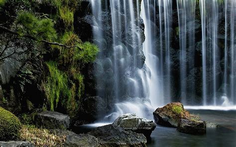 Hd Wallpaper Waterfalls And Rocks Stones Vegetation Moss Streams
