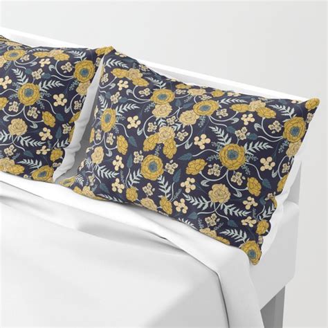 Navy Blue Turquoise Cream And Mustard Yellow Dark Floral Pattern Pillow