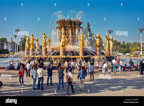Tourists At The Friendship Of The People Fountain At The All Russia