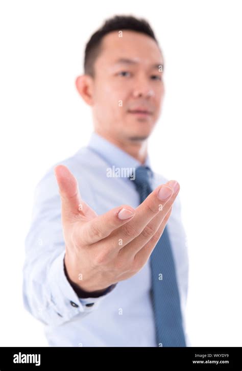 Asian Business Man Open Palm Holding Something Focus On Palm Front