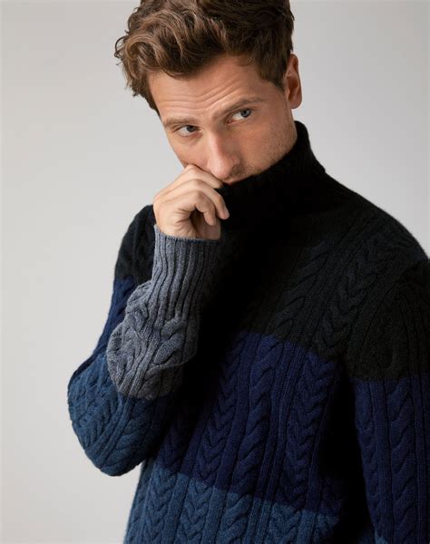 Stripe Mens Chunky Cable Roll Neck Sweater Pure Collection