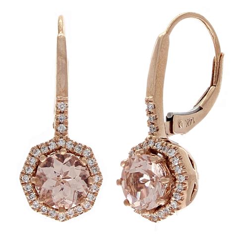 14k Rose Gold 018ctw Morganite And Diamond Halo Dangle Drop Lever Back Earrings Ebay