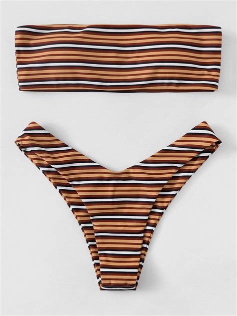 Brown Horizontal Striped Bandeau Swimsuit High Leg Bikini Bottom