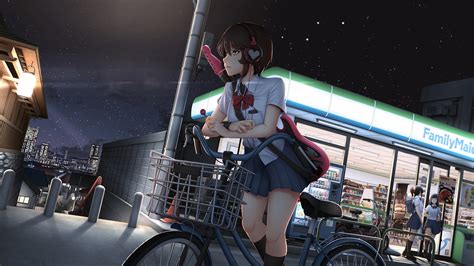 Cute Anime Girl With Bicycle Listening Music On Headphones