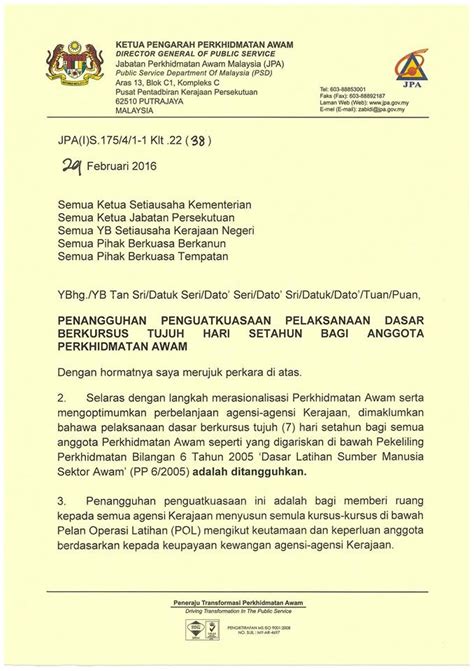 Dasar Berkursus 7 Hari Setahun Penjawat Awam Ditangguhkan